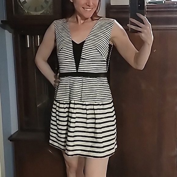 ๐
ฝ๐๐ $338 Bcbgmaxazria Piper V-neck Striped Peplum Open-back Mini Dress - Picture 4 of 14